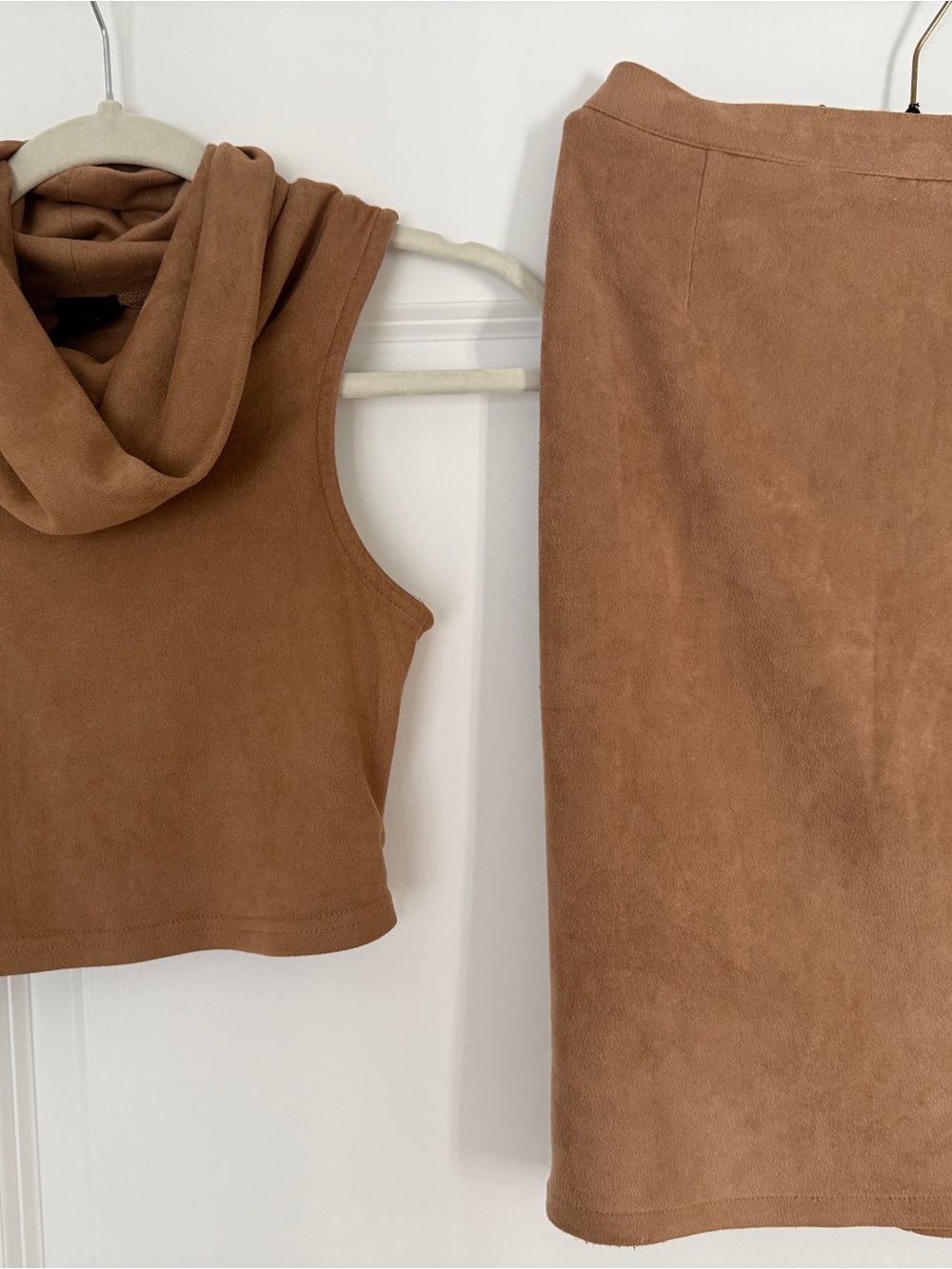 Two-Piece Suede-Look Crop Top & Midi Skirt Set in Warm Camel